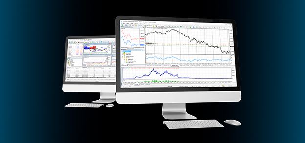 Dual computer monitors: one shows a stock chart, while the other features a mouse, related to MT4 and MT5 trading platforms.