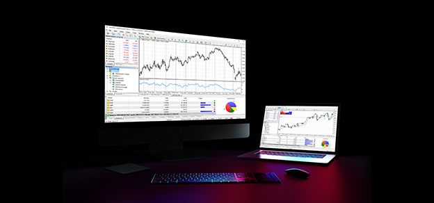 Two monitors side by side; one displays a stock chart and the other has a mouse, associated with MT4 and MT5 software.
