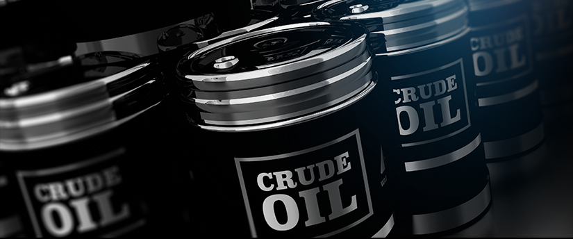 A collection of oil cans labeled 'crude oil' representing WTI , a type of oil.