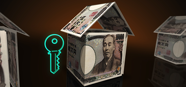 A house constructed from money with a key inside, symbolizing real estate opportunities in Japan.