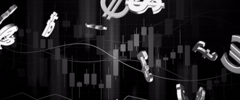 Dollars, euros, yen, and pounds descending in the air, symbolizing the volatility of currency pairs.