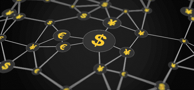 Dollar, euro, and yen symbols interconnected reflect the global reach and currency exchange services offered by forex brokers. 