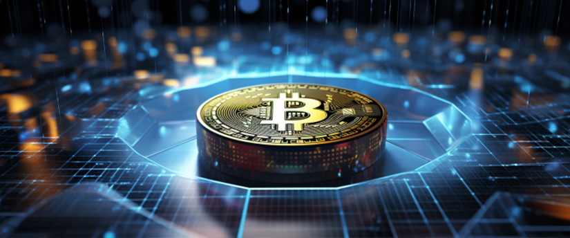 3D illustration of Bitcoin symbol on a digital world background, representing the concept of crypto currency.