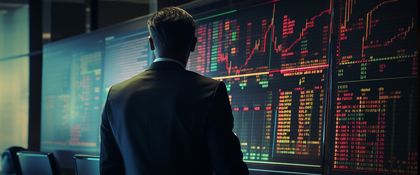 Um profissional de fato a analisar dados da bolsa de valores num ecrã, concentrando-se na negociação forex e na análise de mercado.