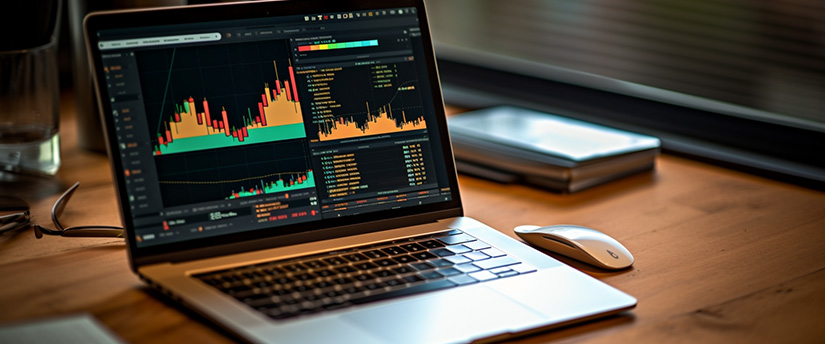 Computador portátil que apresenta um gráfico, representando técnicas de negociação, risco e perda potencial.