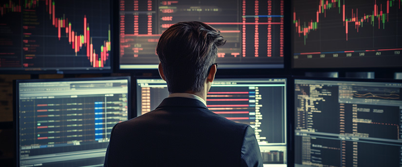 A focused man in a suit analyzes stock market data on multiple screens, embodying the life of a forex trader.