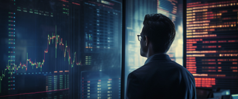 A businessman analyzing stock market information on a screen wearing a suit.