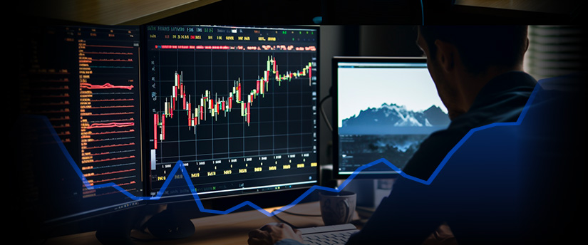 A man at a desk with two monitors and a laptop, engaged in forex trading and analysis.