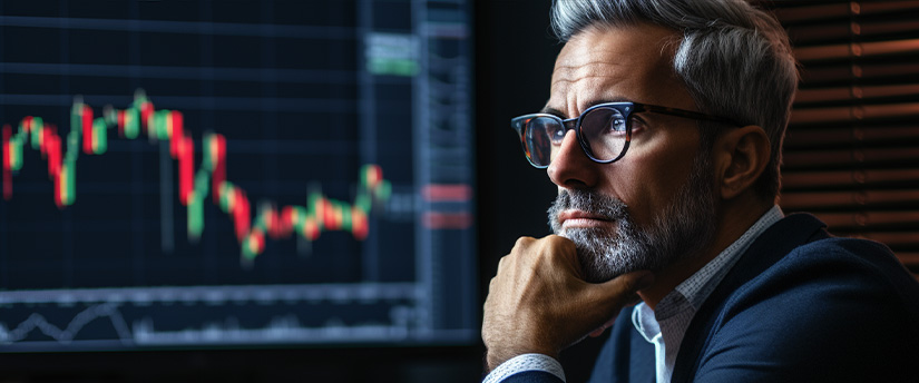 A man wearing glasses intently studying a stock chart, representing the determination of forex traders striving for success.