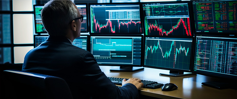 Un trader expérimenté gère les risques à partir d'un bureau équipé de plusieurs écrans affichant des informations sur les marchés boursiers.