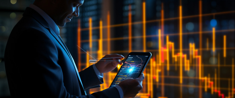 A trader in a suit analyzing stock market graph on a tablet computer for making informed decisions.