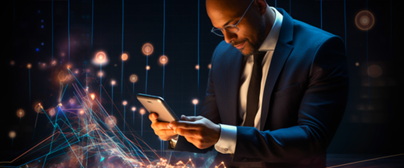 A trader in a suit focuses on his cell phone while analyzing market trends and making financial decisions.