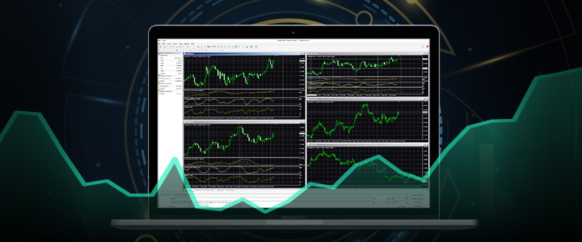 Trading Forex sur ordinateur portable utilisant la plateforme MT4 - une personne analysant les graphiques et effectuant des transactions