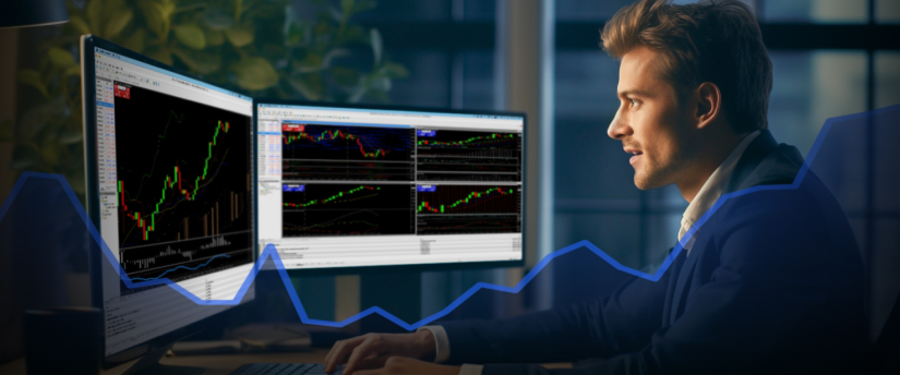 A suited man at a desk, studying stock market graphs on two monitors, engaged in trading analysis and strategy.