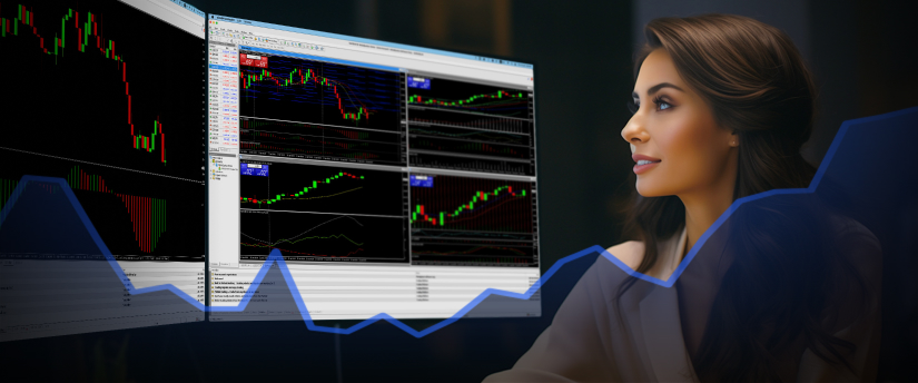 A woman analyzing a stock chart on two screens.
