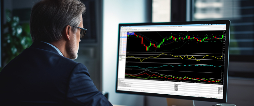 Businessman in suit studying stock chart on computer screen, emphasizing MT4 trading and algorithmic analysis.