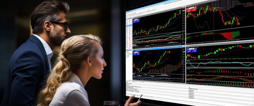A man and woman analyze trading options on a screen, using the MetaTrader platform to learn forex trading.