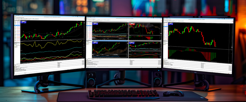 Three monitors showing algorithms and MT4 data for efficient and effective trading.