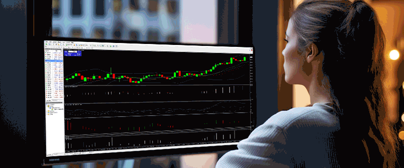 A woman analyzing a trading chart on a screen, focusing on forex trading using the MetaTrader platform.