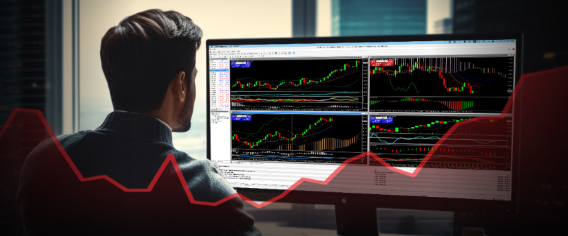 Man analyzing trading indicators on three screens at a desk, focusing on technical analysis in MT4.