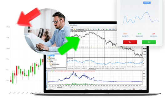 Um homem está sentado em frente a um computador portátil que apresenta um gráfico sobre a plataforma cfds-markets.