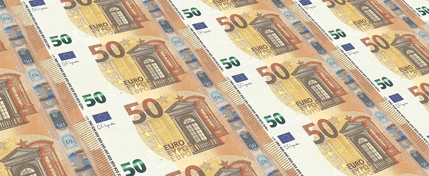 A stack of 50 euro banknotes on a white background. Image courtesy of erste group money.