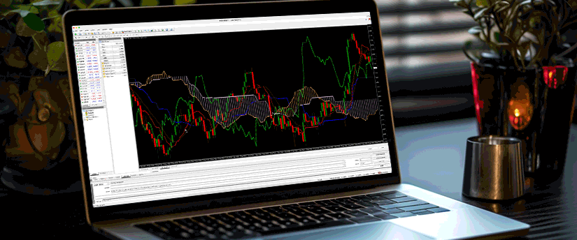Image of a laptop screen showing a chart, utilized for trading via the MetaTrader 4/5 platform.
