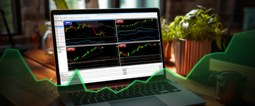 2. Laptop screen showing forex trading activities with mt4 technical analysis indicators.