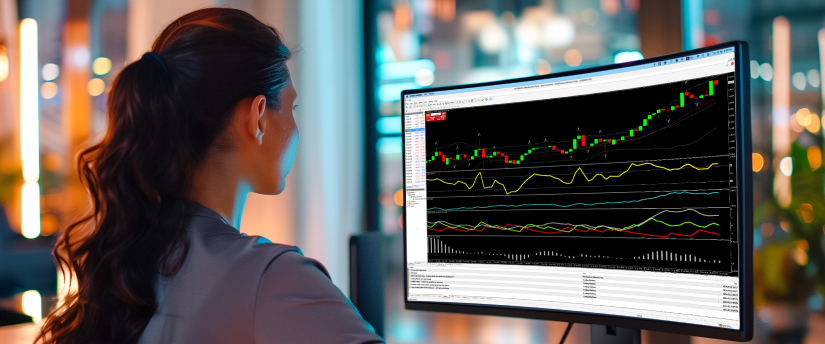 A woman analyzing a trading chart on a computer screen, focusing on trader algorithmic trading MT4