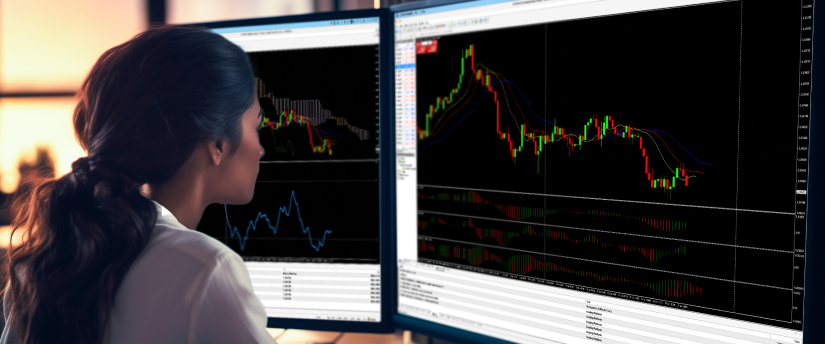 Woman studying trading indicators on dual monitors, emphasizing technical analysis and zigzag strategy.