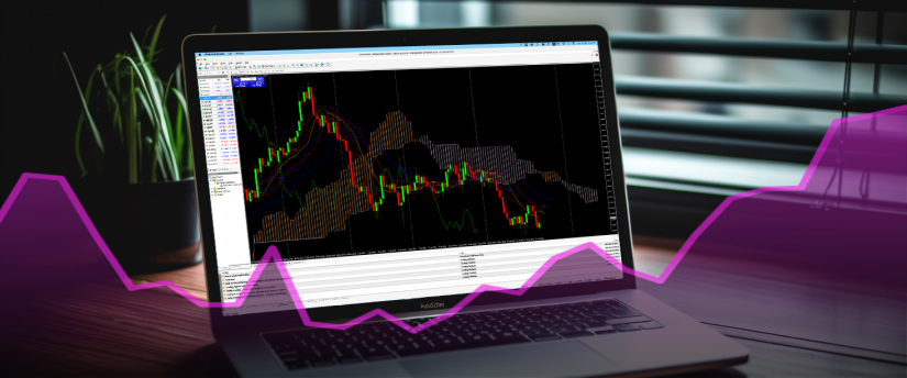 Image of a laptop screen showing forex trading with Fibonacci indicators