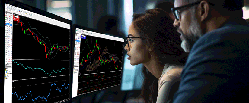 Duas pessoas a ver os dados do mercado de CFD num ecrã através da plataforma de negociação MetaTrader 4.