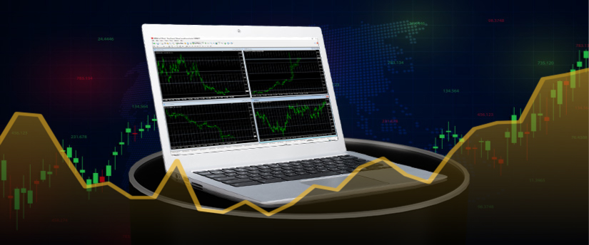 Image of forex trading on a laptop using the MT4 platform for CFD trading