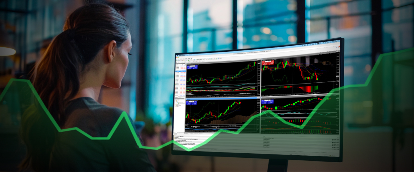 A woman analyzing a stock chart on a computer screen, focusing on trader demarker indicator.