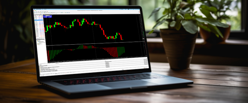 A laptop displaying forex trading software, with a trader actively monitoring currency pairs and market fluctuations.