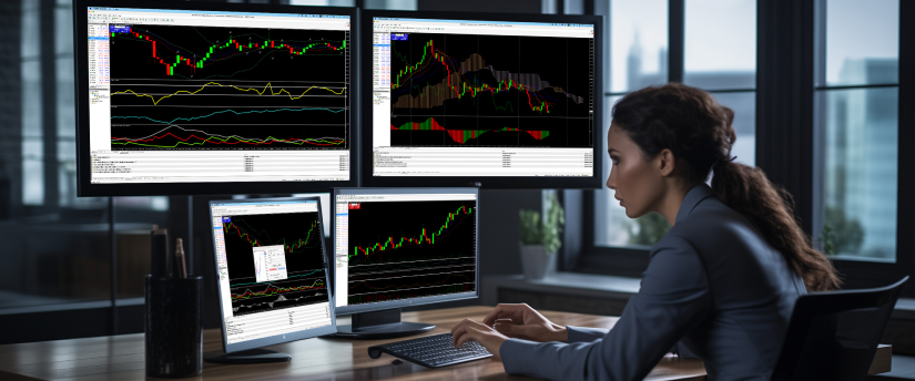 A woman seated at a desk, engaged with three monitors that showcase various trading indicators.