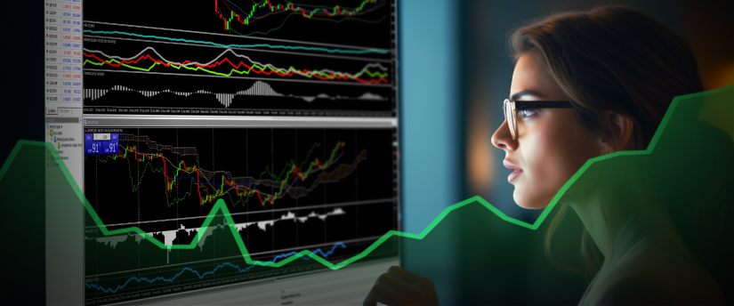 Woman examining financial data on a stock chart display.
