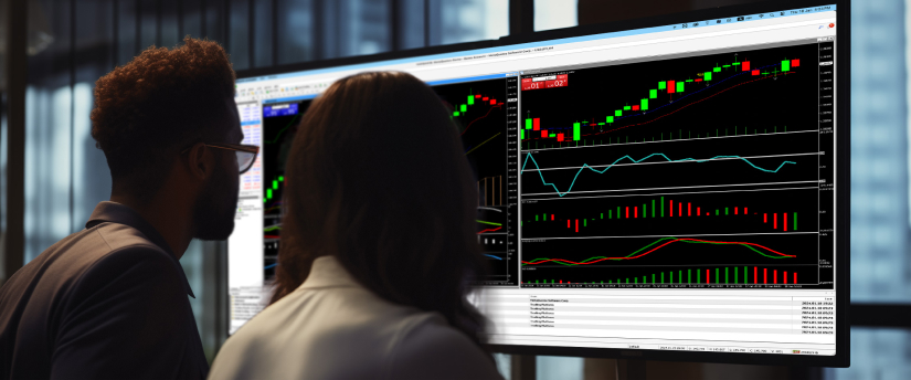 Two individuals analyzing stock trading data displayed on a computer screen, focused on market trends and performance metrics.