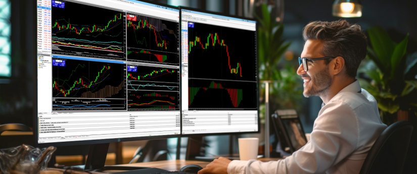 A man seated at a desk, focused on two monitors displaying various trading screens and financial data.