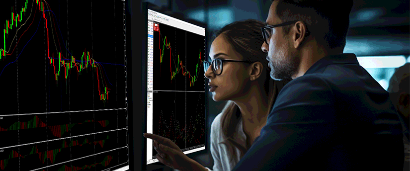 Two traders focused on a screen displaying a stock market chart, highlighting the psychological factors in forex trading analysis.