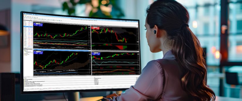 A woman gazes at a computer setup featuring several trading screens, engaged in monitoring market activities.