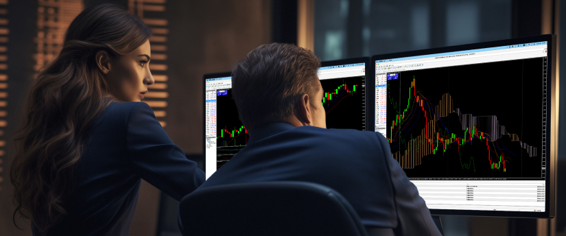 Dos personas observan una pantalla de ordenador en la que aparece un gráfico de negociación y debaten sobre los movimientos del mercado y las oportunidades de inversión.