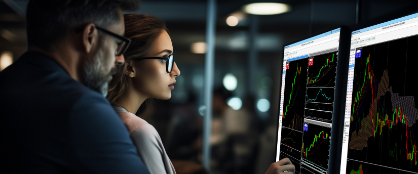 Two individuals observing a stock market graph on a computer, highlighting their engagement in financial analysis.