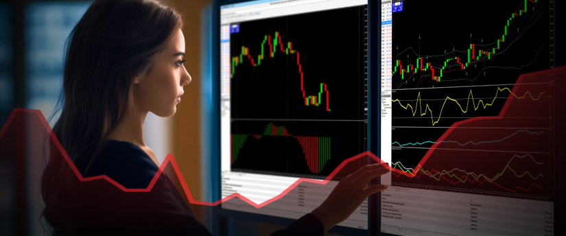 A woman studies a stock chart on a screen, focused on understanding market movements and investment opportunities.