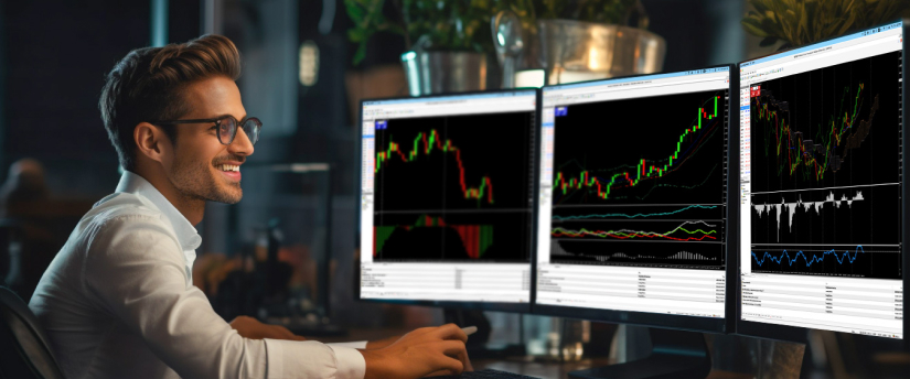 A man seated at a desk, analyzing three monitors that showcase different trading indicators for market insights