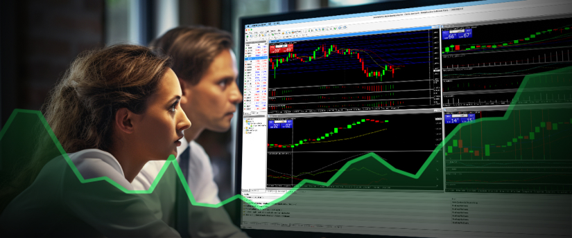 Two women analyzing a stock market graph displayed on a computer screen, engaged in discussion and observation.