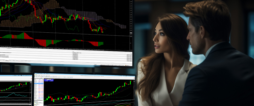 Two forex traders, a man and a woman, analyze trading indicators on a screen displaying MT4 charts and technical data.