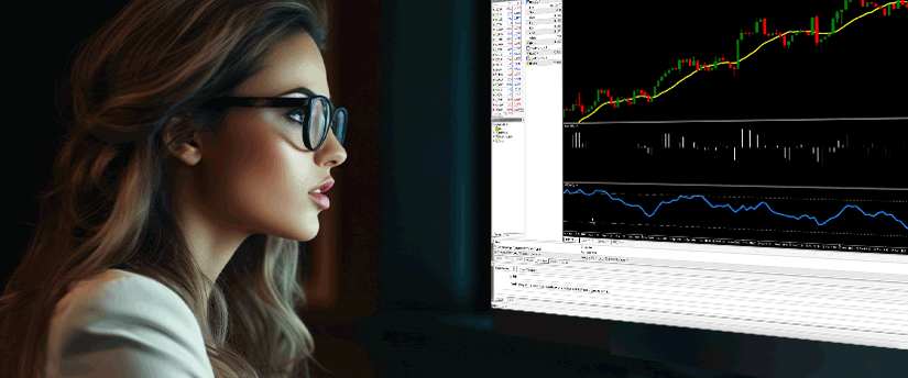 A woman with glasses focuses on her computer screen, conducting analysis on the MT4 trading platform.