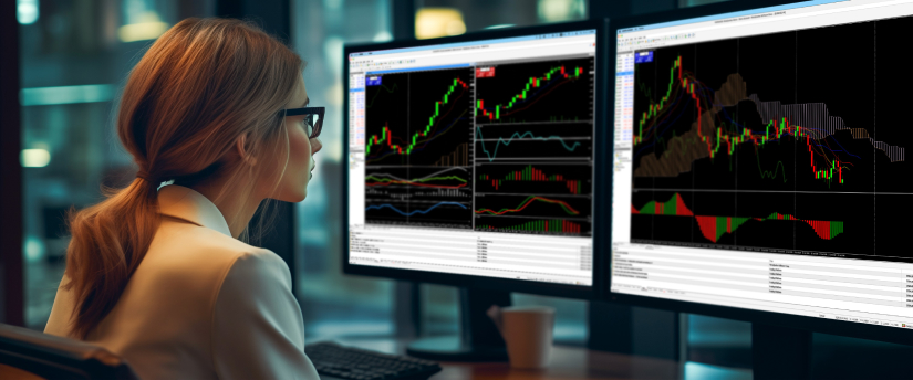 Forex stocks trader analyzing charts and executing trades on multiple screens, navigating the financial market.
