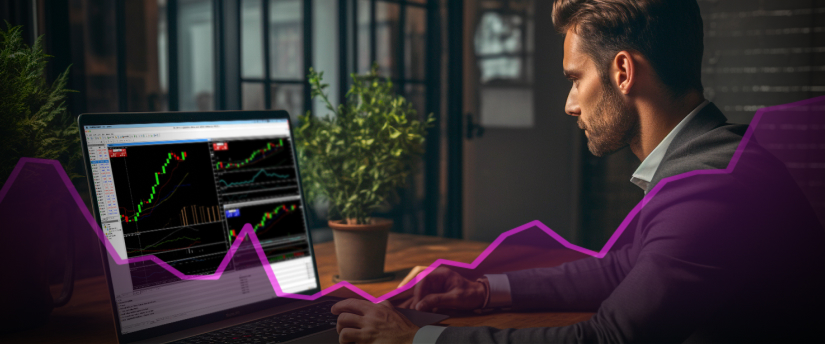 Forex stocks trader working on multiple screens, analyzing market trends and making informed trading decisions.